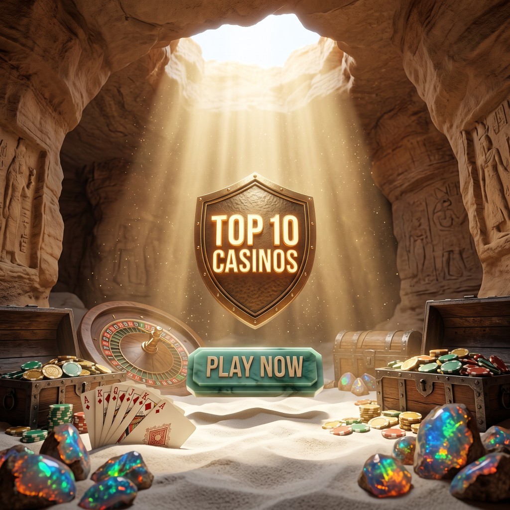 Treasure chamber with a golden shield reading Top 10 Casinos and a Play Now plaque among chips, cards and gems.